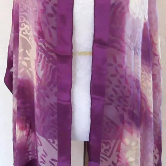Purple & cream sheer silk & rayon 70" shawl scarf fringed abstract pattern - Picture 4 of 8